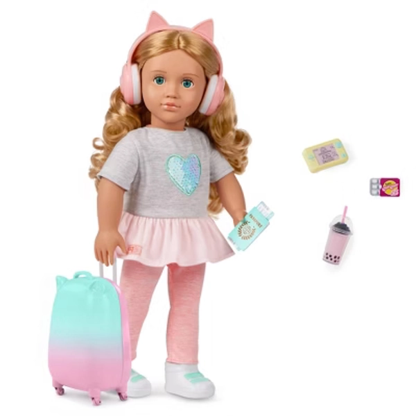 Our Generation Linzi 18" Doll with Luggage and Travel Accessories Set: Travel-Themed Wavy Blonde Hair Doll