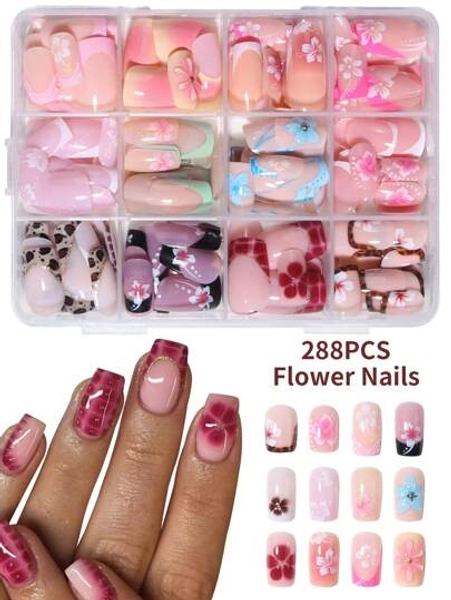 288pcs (12 Assorted Styles) Short Square 3D Gel Nail Stickers, Can Create Lotus Flower Nails, French Acrylic Press-On Nails, Short Nails, Pink French, Yellow French, White French Design, Perfectly Fit Short Fake Nails Set. Easy To Wear, Suitable For Summer Nails And French Manicure, Suitable For Women, Girls For Daily Work, Party, Etc. Nail Supplies