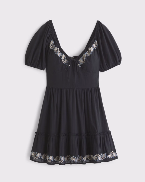 Puff Sleeve Tie-Front Mini Dress