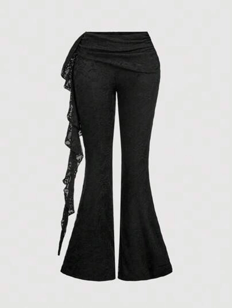 SHEIN MOD Women's Casual Lace Flare Pants, Solid Color,Fall