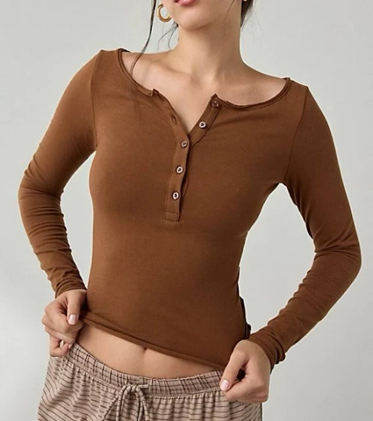 Out From Under Betty Boatneck Long Sleeve Henley Top in Brown Cotton, Women's M at Urban Outfitters