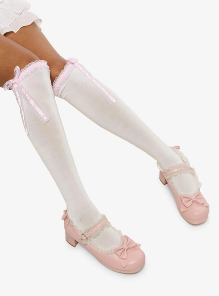 White & Pink Ruffle Thigh-High Socks