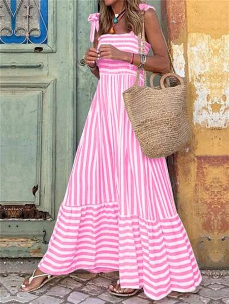 EMERY ROSE Women's Shoulder Strap Chest Gathered Striped Dress Maxi Vacation Beach Outfit