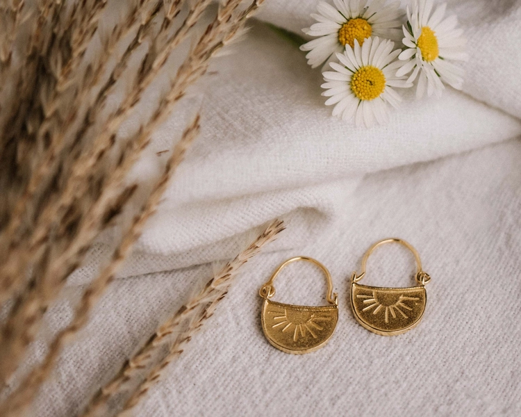 Sun Earrings Dangle, Gold Boho Earrings, Eclectic Jewelry, Tiny Gold Hoops, 18K Gold Earrings, Drop Earrings, Vintage Mothers Day Gift