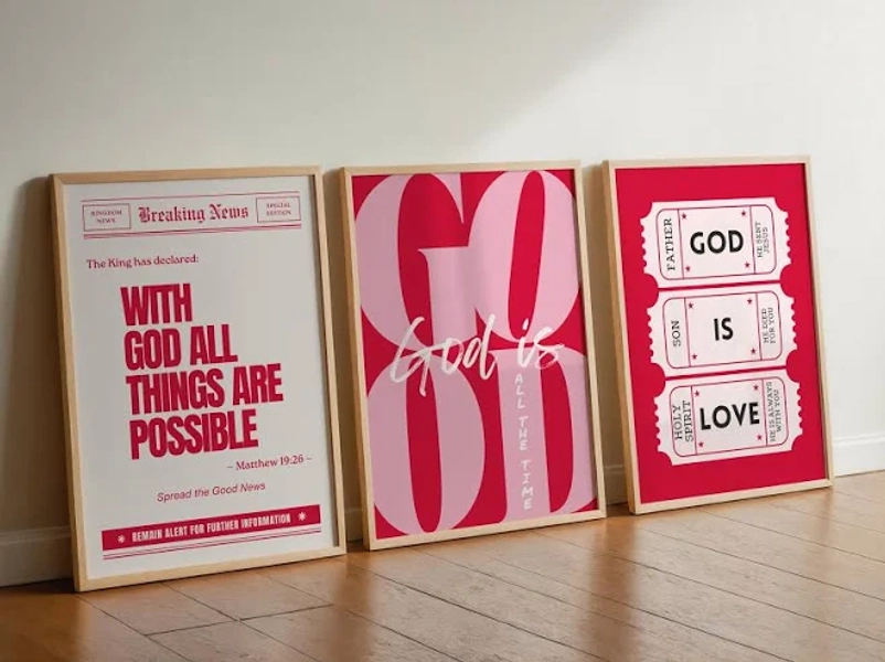 3 Red Pink Girly Christian Wall Art God is Good All The Time Print With God all Things Are Possible God Is Love Poster Vintage Ticket Print