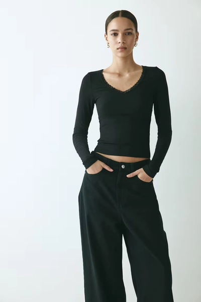 Lace-Trimmed Jersey Top - Black