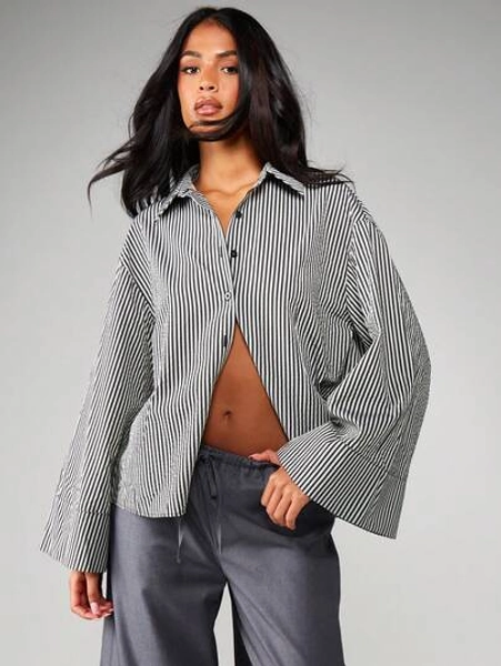 MISSGUIDED Oversized Striped Button Down Shirt With Long Sleeves And Collared Neckline For Casual Office Wear