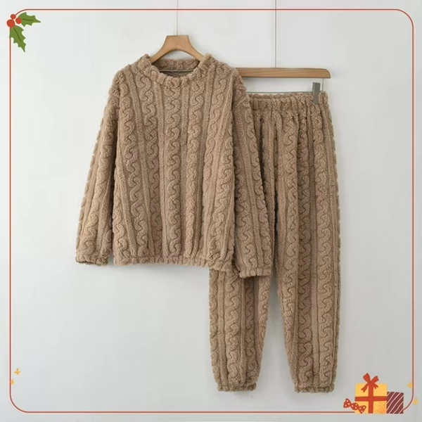 Zunfeo Fleece Pajamas for Women Warm Plush Sleepwear 2 Piece Loose Pullover Fall Winter Loungewear Khaki