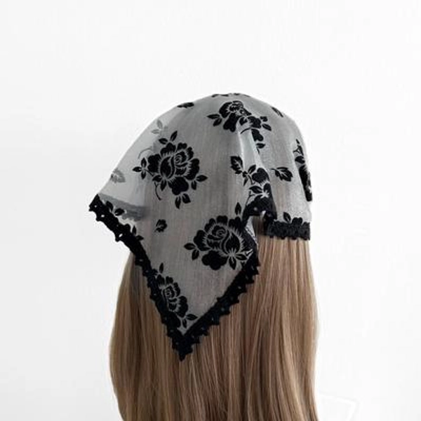 Floral Black Velvet Triangle Headband - Gray Organza Hair Scarf