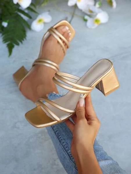 Elegant Square Toe Solid Color Slip-On Sandals, Fashionable Business Commute PU Leather Thick Strap High Heels, Minimalist Chic Office Wedding Party Sandals For Summer