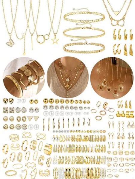 37-68pcs Elegant Vintage Butterfly, Heart, Faux Pearl, Twist Knot, Star, Moon, Rhinestone, Wide Band, Snake Chain, Braid Chain, Geometric C-Shape Earrings, Necklaces, Rings, Bracelets Jewelry Set, Suitable For Holidays, Parties, Daily Wear, Holiday Gifts