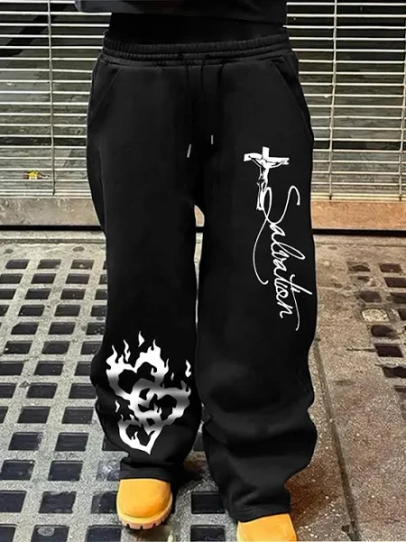Men's Casual Sporty Long Pants, Jesus & Flame Heart Pattern Print, Drawstring Wide Leg, All Season Loose Fit, Men's Fashion Joggers