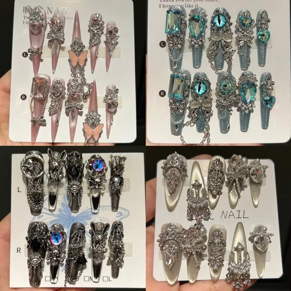 Long Stiletto Coffin Handmade Press On Nail 3D Flower Cat's Eye Rose Light Luxury Diamond Court Y2K Punk Gothic Style False Nail