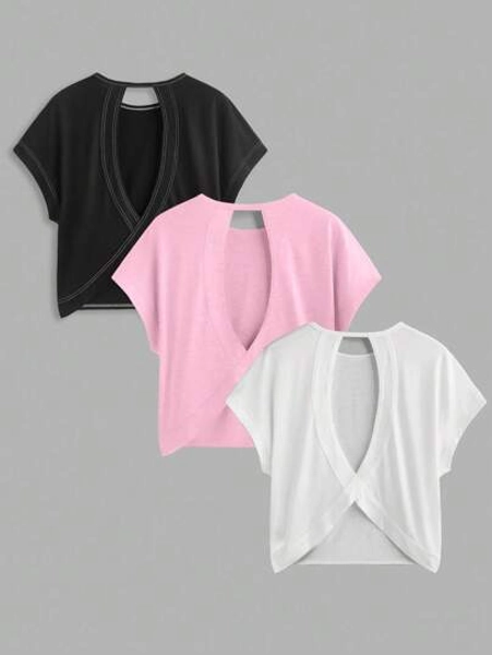 SHEIN Essnce 3pcs/Set Women Summer Casual Crew Neck Backless Loose Short Sleeve T-Shirt Set, Black/Pink/White, 3 Pack Crop Tops Suitable For Going Out, Back To School