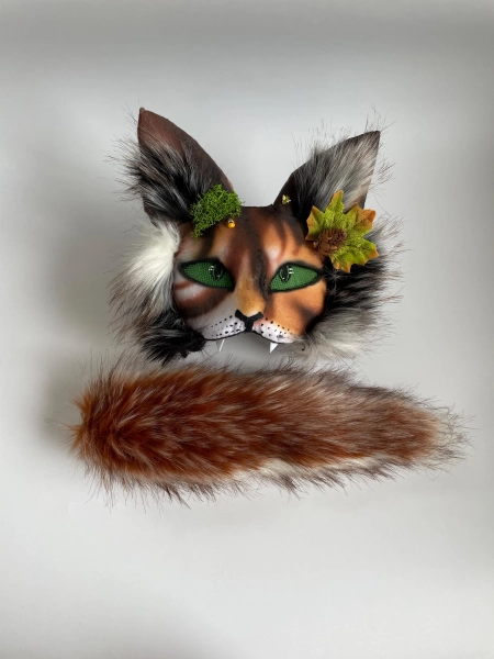 Forest Therian Cat Mask With Leaf And Pinecone | Handmade Woodland Animal Cosplay Mask And Fluffy Tail | TikTok Halloween Christmas Gift