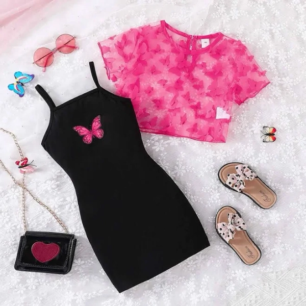 Girls Butterfly Stylish Top and Spaghetti Strap Slim Dress