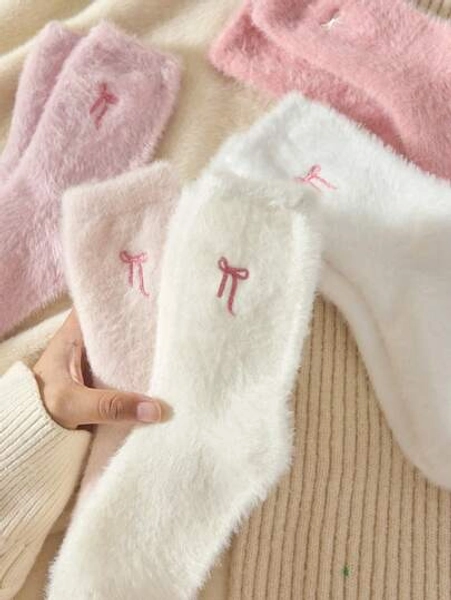 5 Pairs White & Pink Fuzzy Bow Design Women's Ankle Socks, Warm & Comfortable, Suitable For Autumn/Winter, Christmas Gift, Cute Accessory