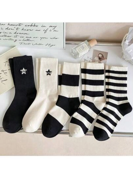 YiPinOu 5 Pairs Of Women's Black And White Striped Socks Set Minimalist Style Embroidered Pentagram Women's Sports Socks, Fall