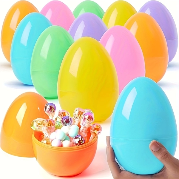 [2D Flat] 12pcs Colorful Plastic Easter Eggs, 6-Inch Pastel Filled Surprise Empty Eggshells for Basket Filling, Holiday Decorations and Party Supplies, Lightweight and Durable, Egg Hunt Accessories