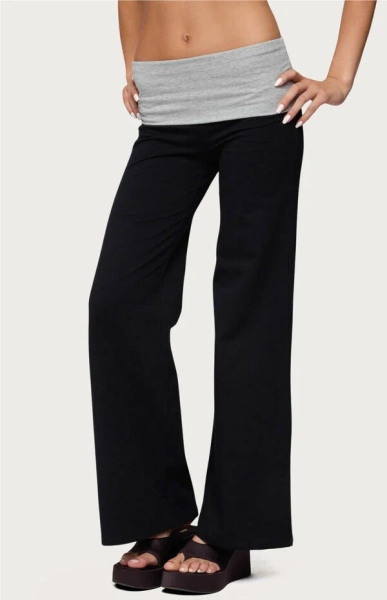Wide Leg Contrast Fold Over Pants