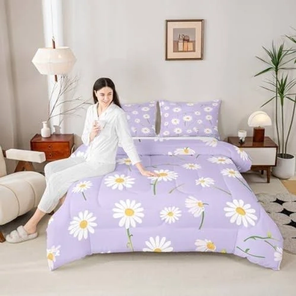 White Daisy Comforter Set Size, Botanical Theme Floral Print Twin