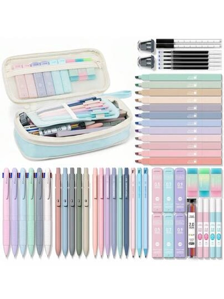 Four Candies 56 PCS Aesthetic School Supplies With Large Pencil Case, 6 Colored Ballpoint Pens, 12 Pastel Highlighters, 5 Black Ink Gel Pens, 9 Mechanical Pencils 0.5-2.0mm Student Essentials
