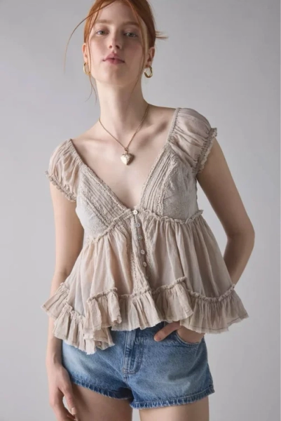 Kimchi Blue Izzy Lace Trim Button-Front Babydoll Blouse