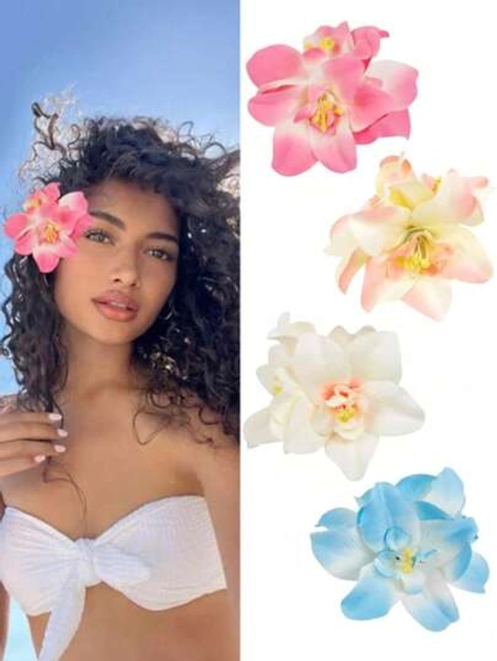 4pcs/1set Hawaiian Flower Hair Clips, Women Artificial Tropical Flower Hibiscus Hair Claws For Beach Holiday Party Boho Style, Fashion, Elegant, Minimalist, Solid Color, Suitable For Daily, Casual, Party, Commute, Vacation, Bun, Ponytail, Face Washing, Makeup, Outfit Accessories Halloween
