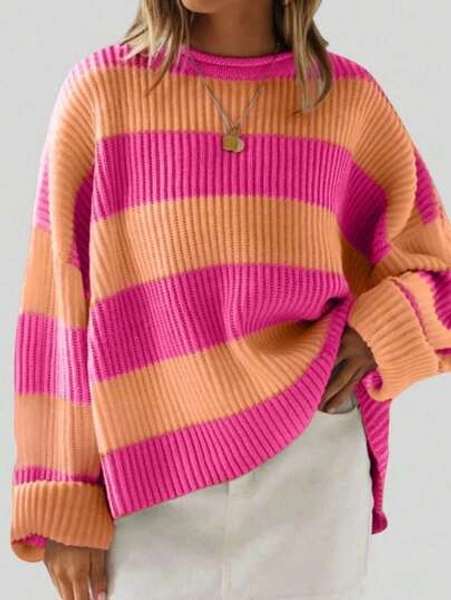 1pc Girls Casual Thick Pullover Sweater, Comfortable Student Clothing For Autumn/Winter - Loose Sleeve Classic Blue Striped Soft Sweater, Perfect For Warm Days And Cold Nights