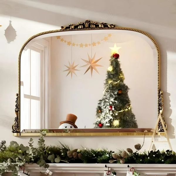 BEAUTYPEAK 44"x 32" Arched Vanity Mirror Vintage Decor Mirror Wall Mounted, Antique Gold