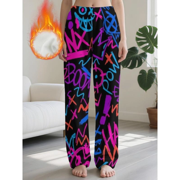 CLAP POW BOOM HAHA JINX Flannel Plus-Size Women'S Pajamas with Stylish Prints, Thick And Warm for Autumn And Winter, Loose Wide-Leg Loungewear, Comfortable And Casual, Trendy Gift