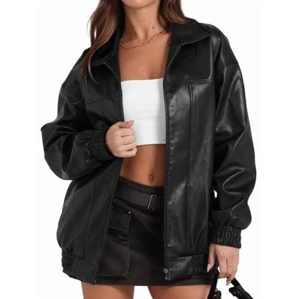 faux leather oversized bomber jacket w/ pockets