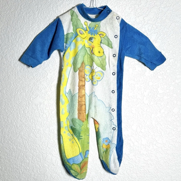 Vintage 80’s Lullaby Land Giraffe Lion Zoo Print Terry Cloth Towel Footed Romper