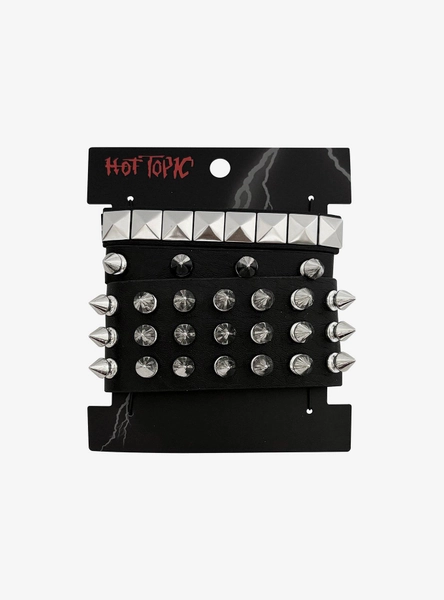Pyramid Stud Spike Faux Leather Bracelet Set