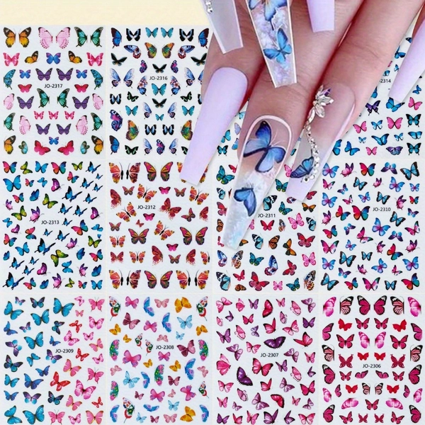 12 Sheets Butterfly Nail Art Stickers - Self-Adhesive Glossy Nail Decals with Colorful Mixed Cartoon Butterfly & Flower Designs, Sparkling Accents, Irregular Shapes for DIY Nail Decorations (Plastic, Disposable)