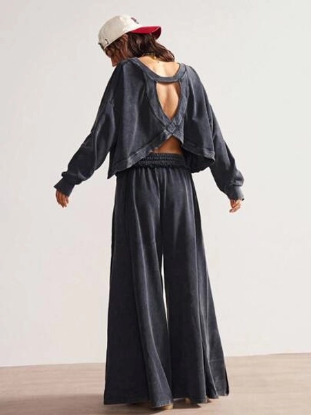 Bohemela Boho Women's Vintage Casual 2pcs Solid Color Washed Black Knit Long Sleeve Loose Backless Sweatshirt & High Waist Loose Wide Leg Pants Comfortable Two Piece Set, Vintage Western Country Style Vacation Outfit, Daily Wear, Back To School Outfits, Suitable For Autumn/Winter