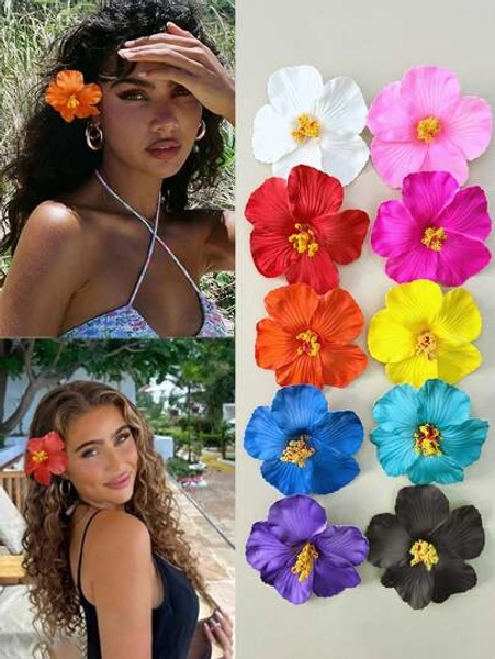 10pcs Hawaiian Flower Hair Clips, Ladies Hibiscus & Lotus Flower Hair Clips, Fashion Artificial Flower Hair Clips, Summer Holiday Beach Party Hair Accessories, Autumn Travel Outfit, Bohemian Style, Elegant Ladies Hair Clips, Autumn/Winter Hair Accessories, Women Hair Clips, Beach Photo Props, Valentine's Day Gift, Hair Claws, Hair Clips, Head Accessories, Hairpin - Size 1 Piece White