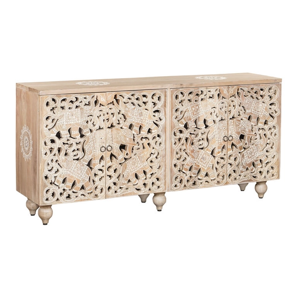 CRAFT Neema Carved Mendhi Elephant 4 Door Storage Cabinet