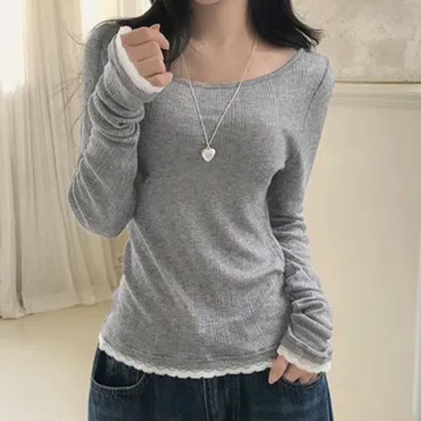 Long Sleeve Scoop Neck Ribbed Knit Lace-Trim Slim-Fit Top