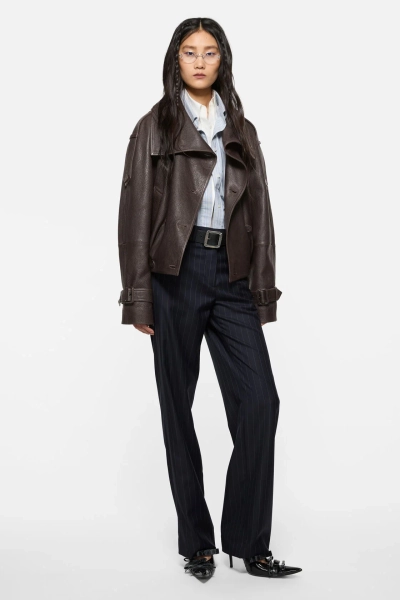Cropped leather trench coat - Dark brown