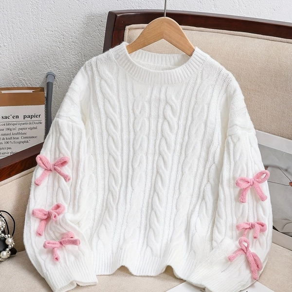 [Cute Girls' Pink Bow Sweater] Soft Knit Girls' Sweater with Pink Bow Accents | Elegant Pullover for Everyday & Formal Outfits | Cozy Material, Classic Knitwear, Cute Seasonal Wardrobe, Casual Top