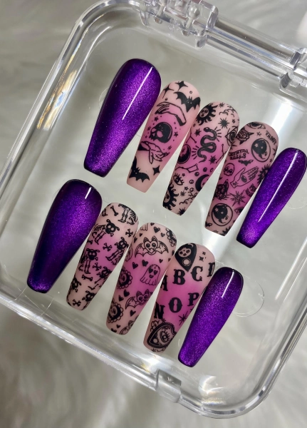 Halloween Nails | Ouija Nails | Press on Nails |Witch nails | Black Nails | Glass Nails | Aura Nails | Purple Nails | Cateye Nails