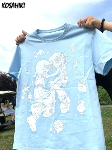2026 Summer Japanese Cartoon Printing Cute T-shirt Women Harajuku Grunge Casual Streetwear Tees Y2k Aesthetic Loose Blue Tshirts - AliExpress 200000345