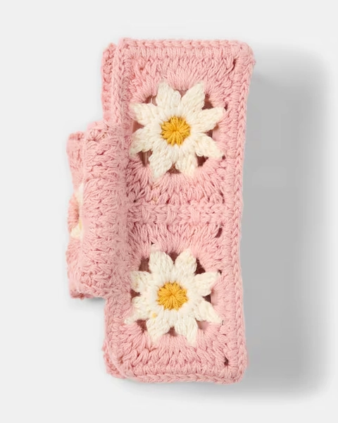 Pink Flower Crochet Claw Hair Clip