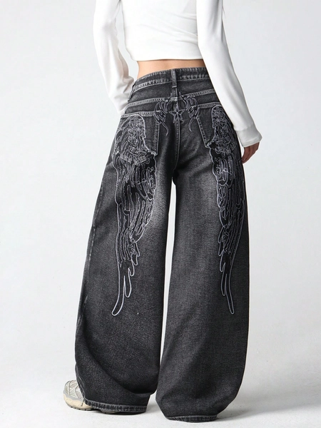 1pc Women's American Street Style Embroidered Loose Wide Leg Jeans Fashion All-Season Long Pants Casual Black, Y2K Aesthetic