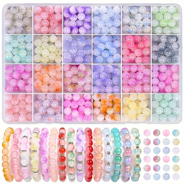 240pcs 24 Types Glass Beads Jewelry Making Set, Round Party Style Beads, Bracelet, Jewelry Beginner Handmade