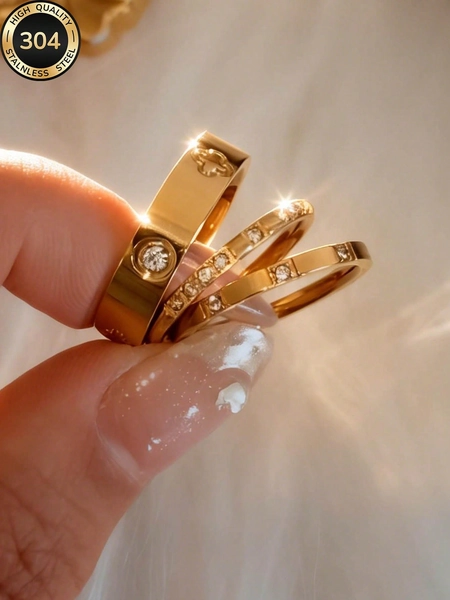 ZCNC 2026 New 14K Gold 3-Diamond & 8-Diamond Pave Square Ring, Fashionable & Creative, Waterproof Stainless Steel Won't Fade, Suitable For Daily Wear, Parties, Mother's Day Gift, Anniversary Gift