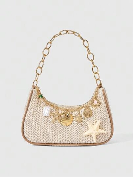 ROMWE Fairycore 1pc Summer Beach Starfish Series Woven Shoulder Bag/Tote Bag, Beach Bag, Straw Handbag (Decoration Placement Random)