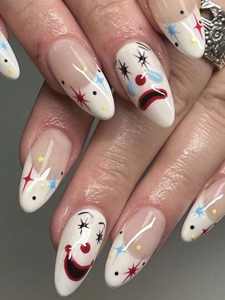 24Pcs Nail Suppliers Medium Size Almond Shape Matte Smiling Crying Star Joker Designed Fake False Nail Tips, Press On Nails Nail Supplies Nails