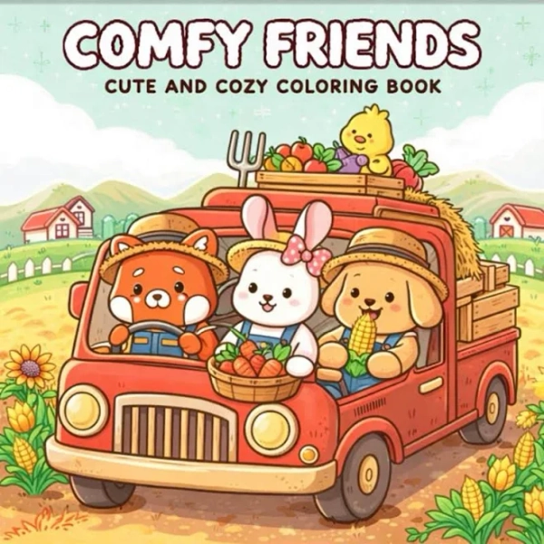 Comfy Friends - Bold and Easy Coloring Book, 52 Cute Cozy Friendship Pages, Kawaii Friends Scenes, Relaxing Coloring, Printable PDF + PNG